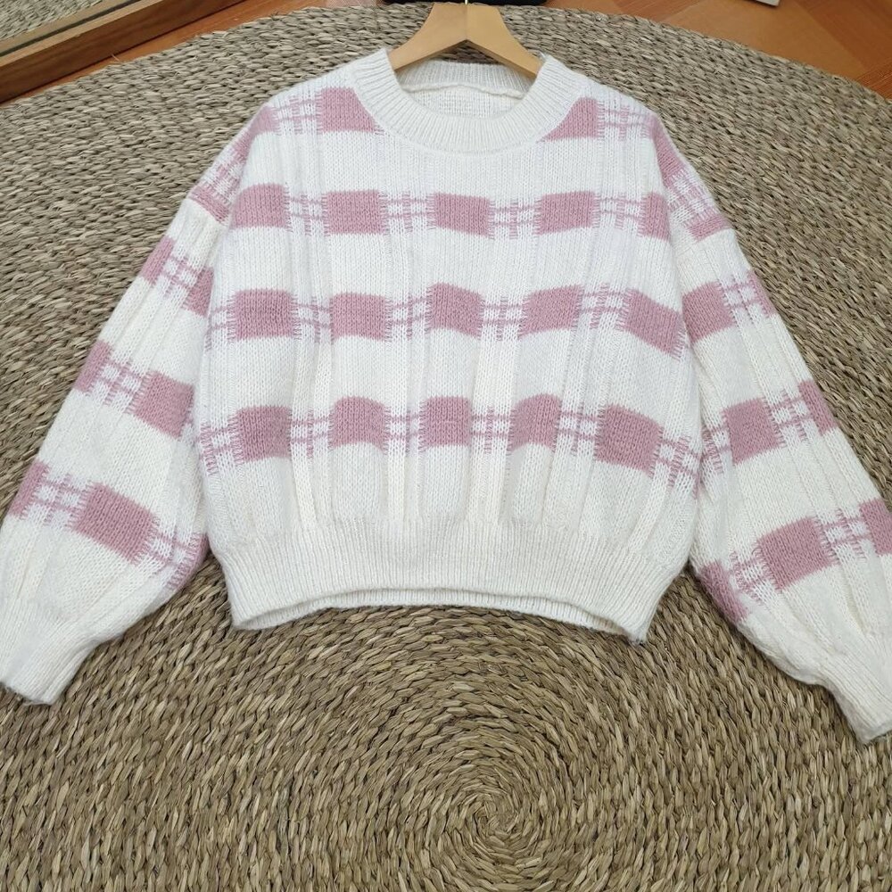 White Pink Plaid Stripe Knit Oversized Balloon Sleeve Crop Sweater